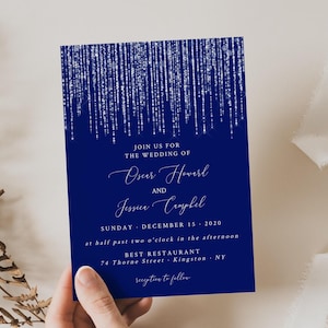 Blue and Silver Wedding Invitation Template with Shimmery Lights, Editable Text, Printable Download