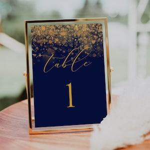 Table Numbers Wedding Template, Printable Table Number, Blue and Gold Table Number, DIY Table Number, Reception Table Card, Instant Download