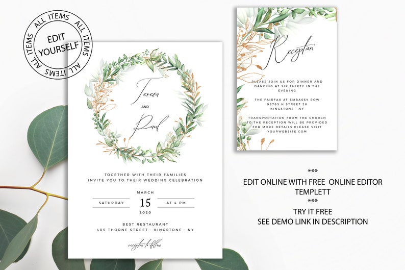 Wedding Invitation Template Editable Boho Wedding Invite Greenery Invitation Invitation Download Green and Gold Printable