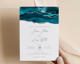 Wedding Invitation Set Template, Wedding Invitation Suite, Wedding Invitation with RSVP, Teal and Silver, Turquoise Agate, Editable online