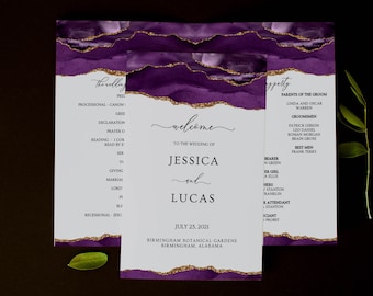 Purple and Gold Folded Wedding Program Template, Wedding Ceremony Program Booklet, Bifold Wedding Program, Purple Agate, Editable, Download