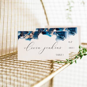 Wedding Place Card Blue and Gold, Name Card for Wedding, Place Card Template, Table Place Card, Place Card Digital Download, Editable