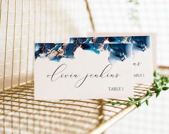 Wedding Place Card Blue and Gold, Name Card for Wedding, Place Card Template, Table Place Card, Place Card Digital Download, Editable