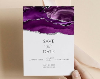 Purple and Silver save the date for a wedding, Save the date postcard template, Printable Save the Date, Marble Invitation, Instant Download