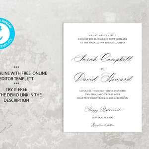 May include: A white wedding invitation with black text. The invitation announces the marriage of Sarah Campbell to David Howard on Saturday, December 17, 2024 at 2:30 PM at Happy Restaurant in Denver, Colorado. The text "Reception to follow" is at the bottom of the invitation.