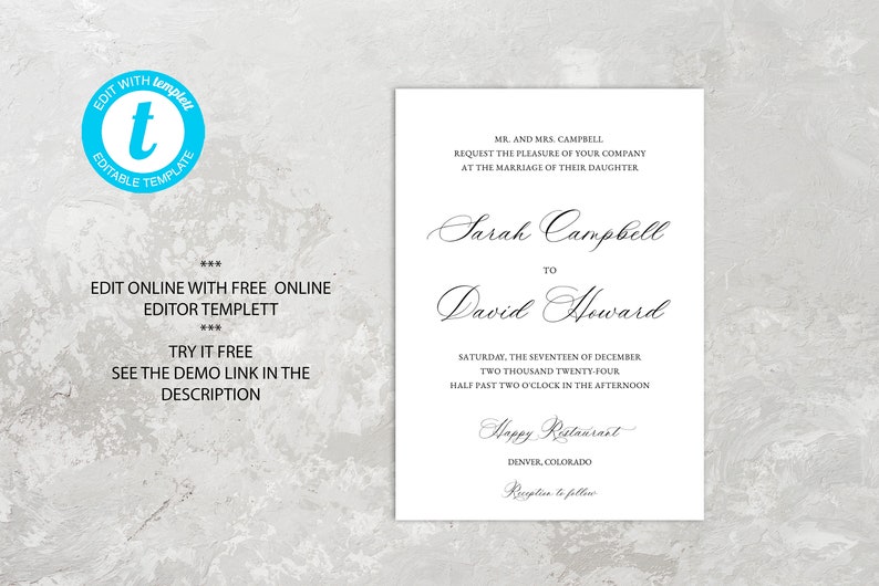May include: A white wedding invitation with black text. The invitation announces the marriage of Sarah Campbell to David Howard on Saturday, December 17, 2024 at 2:30 PM at Happy Restaurant in Denver, Colorado. The text "Reception to follow" is at the bottom of the invitation.