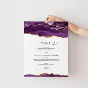 Menú de boda morado y dorado Plantilla de menú editable Letrero de menú de boda Tablero de menú Tarjeta de menú de boda de ágata Póster de menú imprimible Descargar