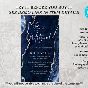 May include: A blue and silver digital invitation for a Bar Mitzvah. The invitation features a blue and silver marble background with the text "Bar Mitzvah" in a white script font. The invitation also includes the name "Richard's" and the date and time of the event. The text "TRY IT BEFORE YOU BUY IT" and "SEE DEMO LINK IN ITEM DETAILS" is at the top of the image.