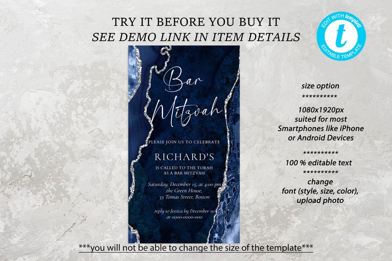 May include: A blue and silver digital invitation for a Bar Mitzvah. The invitation features a blue and silver marble background with the text "Bar Mitzvah" in a white script font. The invitation also includes the name "Richard's" and the date and time of the event. The text "TRY IT BEFORE YOU BUY IT" and "SEE DEMO LINK IN ITEM DETAILS" is at the top of the image.