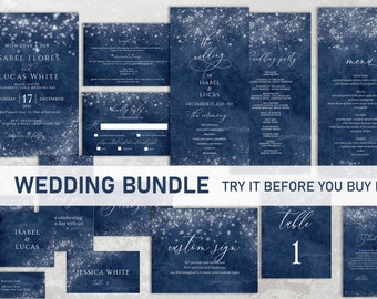 Winter Wedding Invitation Bundle, Wedding Invitation with Snowflakes, Wedding Invitation Blue, Wedding Bundle, Editable Template, Printable