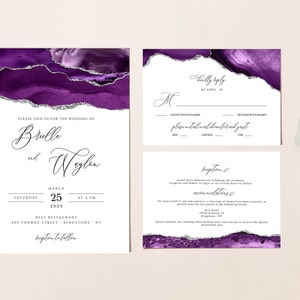 Invitación de boda púrpura y plata, plantilla de conjunto lila de invitación de boda, suite de invitación de boda, lavanda de invitación, descarga instantánea