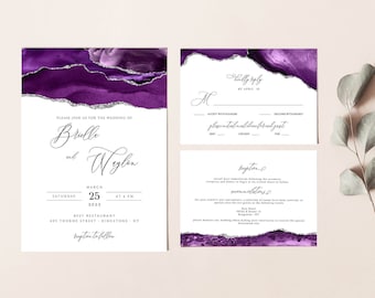 Wedding Invitation Purple and Silver, Wedding Invitation Lilac Set Template, Wedding Invitation Suite, Invitation Lavender, Instant Download