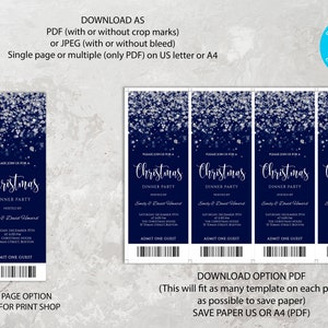 May include: Printable Christmas dinner party ticket template with a blue background and silver glitter. The text reads "Please join us for a Christmas Dinner Party" and includes the date, time, and location. The ticket also says "Admit One Guest".
