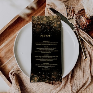 Karta menu świątecznego, menu noworoczne, menu obiadowe, menu weselne, czarno-złoty szablon menu, wesele noworoczne, menu na przyjęcie, cyfrowe