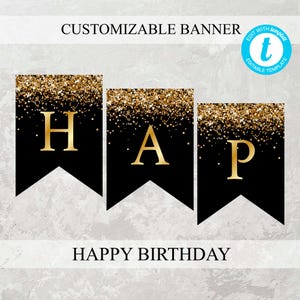Geburtstagsbanner personalisiert, fügen Sie einen beliebigen Text hinzu, Gold Glitter Banner, bearbeiten und drucken zu Hause, alles Gute zum Geburtstag Banner Name, Vorlage