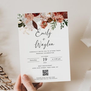Wedding Invitation Fall Floral Template, Wedding Invitation Autumn, Wedding Invitation Boho with QR Code, Wedding Invitation Rustic