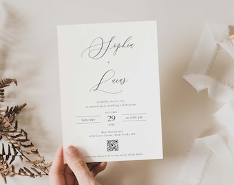 May include: A cream-colored wedding invitation with elegant calligraphy announcing the marriage of Sophia and Lucas. The invitation includes the date, time, and location: October 29, 2025, at 4:00 PM, Best Restaurant, New York, NY. A QR code is also included.