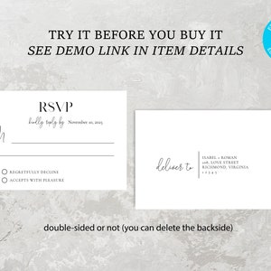 May include: A double-sided RSVP card with a white background and black text. The front side has the text "RSVP" and "Kindly reply by November 10, 2005". The back side has the text "Deliver to" and an address.