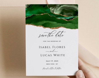 Greenery Save the Date Template, Save the Date Green and Gold, Save the Date Emerald, Wedding Date Card, Downloadable, Editable Template