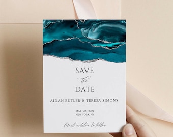 Teal and Silver Save the Date Template, Printable Save the Date, Wedding Save the Date, Wedding Announcement Card, Editable, Download