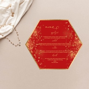 Hexagon Menu Card Template, Menu Cards Dinner Party, Birthday Menu Card, Wedding Menu Card, Red and Gold, Editable Text, Instant Download