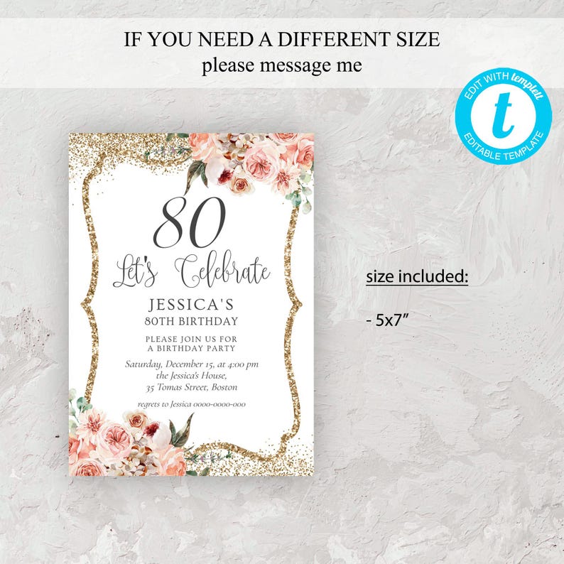 80th Birthday Invitation Template Blush Flowers, Elegant Style ...