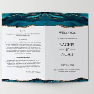 May include: Wedding ceremony programme with a teal and gold marble design. The programme includes the names Rachel & Noah, the date 25 July 2021, and the location Birmingham Botanical Gardens, Birmingham, Alabama.