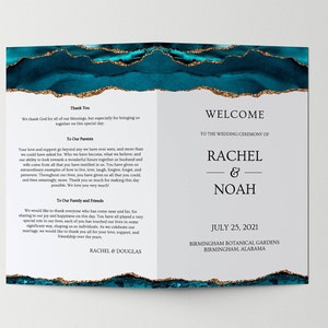 Wedding Program Booklet Template, Bifold Wedding Program, Ceremony Program, Turquoise and Gold, Editable Template, Instant Download