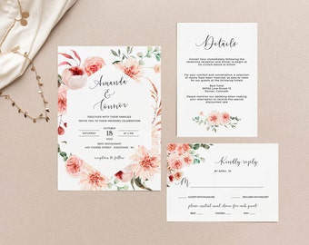 Blush Wedding Invitation Set, Floral Wedding Invitation Template, Boho Wedding, Invitation Suite, Editable, Printable, Instant Download