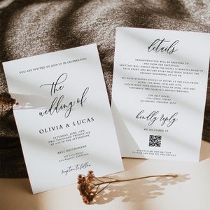 Código QR para invitación de boda, plantilla de invitación de boda minimalista, invitación de boda con código QR rsvp, invitación moderna imprimible