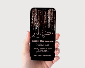 Black and Rose Gold Birthday Invitation: Electronic Text Message Invite Editable Template, Digital Download