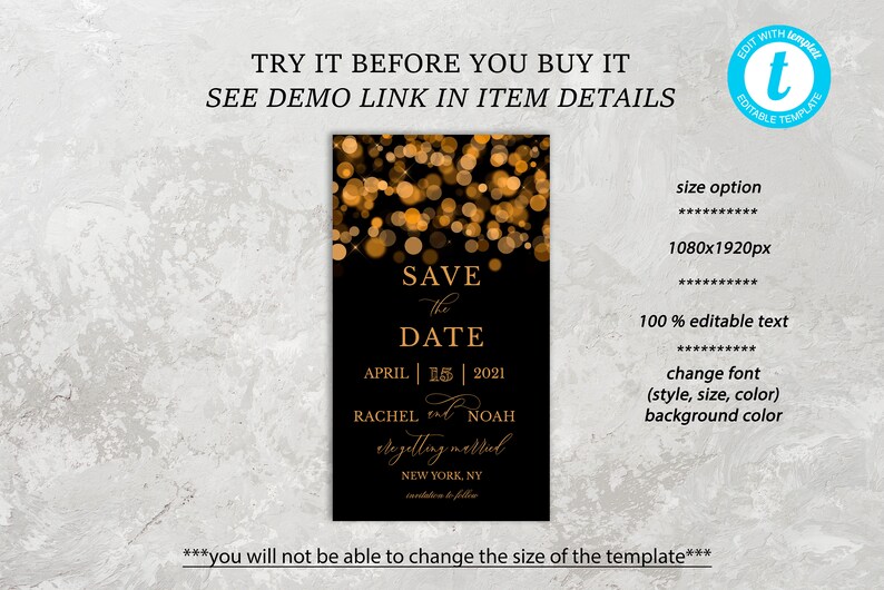Save the Date Electronic Shimmery Editable online with Templett app Save the Date Black and Gold Save the Date Invite Gold Bokeh