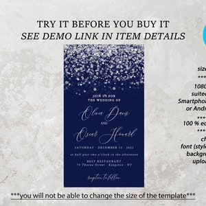 May include: A navy blue wedding invitation template with silver glitter overlay. The text reads "Join us for the wedding of Olivia Davis and Oscar Harrell, Saturday December 15, 2022, at half past two o'clock in the afternoon, Best Restaurant, 74 Thorne Street, Kingston, NY, Reception to follow."
