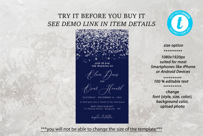 May include: A navy blue wedding invitation template with silver glitter overlay. The text reads "Join us for the wedding of Olivia Davis and Oscar Harrell, Saturday December 15, 2022, at half past two o'clock in the afternoon, Best Restaurant, 74 Thorne Street, Kingston, NY, Reception to follow."