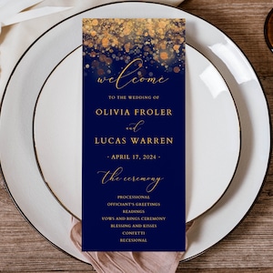 Modelo de Programa de Casamento Azul e Dourado, Programa de Cerimônia, Ordem de Serviço, Programa DIY para Casamento, Programa de Casamento Azul, Texto Editável