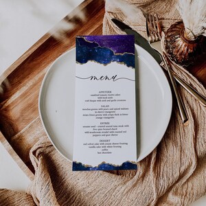 Modelo de menu de aniversário, cartão de menu galáxia, cartão de menu decoração de conto de fadas, menu de casamento, modelo de menu de festa, menu editável, download instantâneo