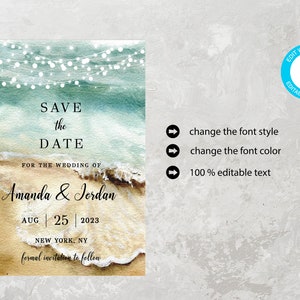 Modello di invito "Save the Date", tema spiaggia, testo modificabile, download digitale stampabile immagine 7