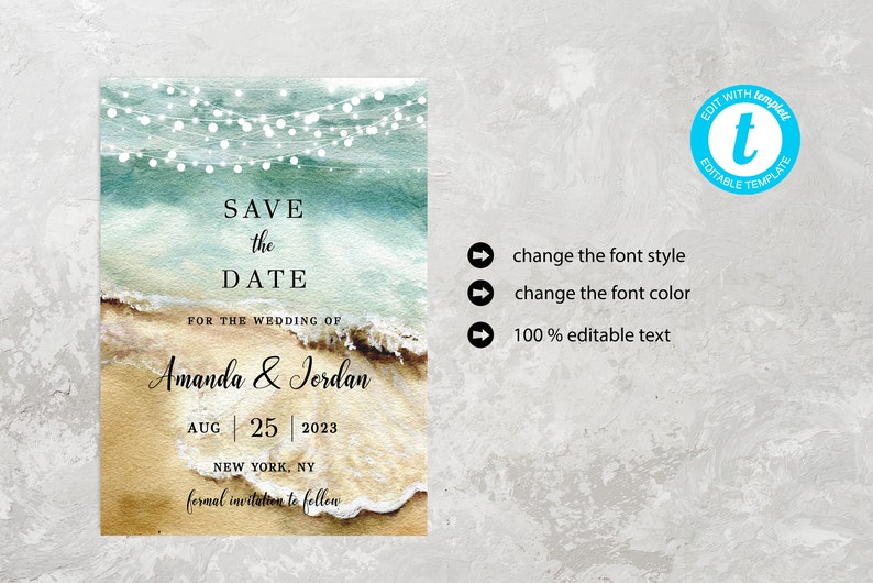Modello di invito "Save the Date", tema spiaggia, testo modificabile, download digitale stampabile immagine 7