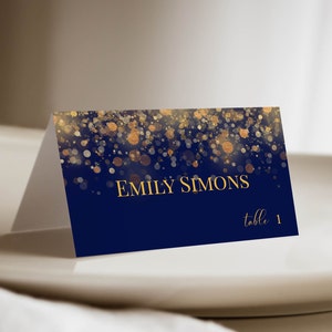 Cartão de lugar azul e dourado, cartão de visita, cartão de casamento, cartão de assento com ouro, modelo de cartão de visita, casamento azul, cartão de festa