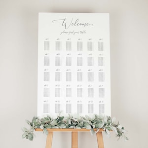 May include: A white wedding seating chart with the text "Welcome, please find your table" at the top. The chart is divided into 25 sections, each labeled with a table number from 1 to 25. Each section has 10 lines for guest names.