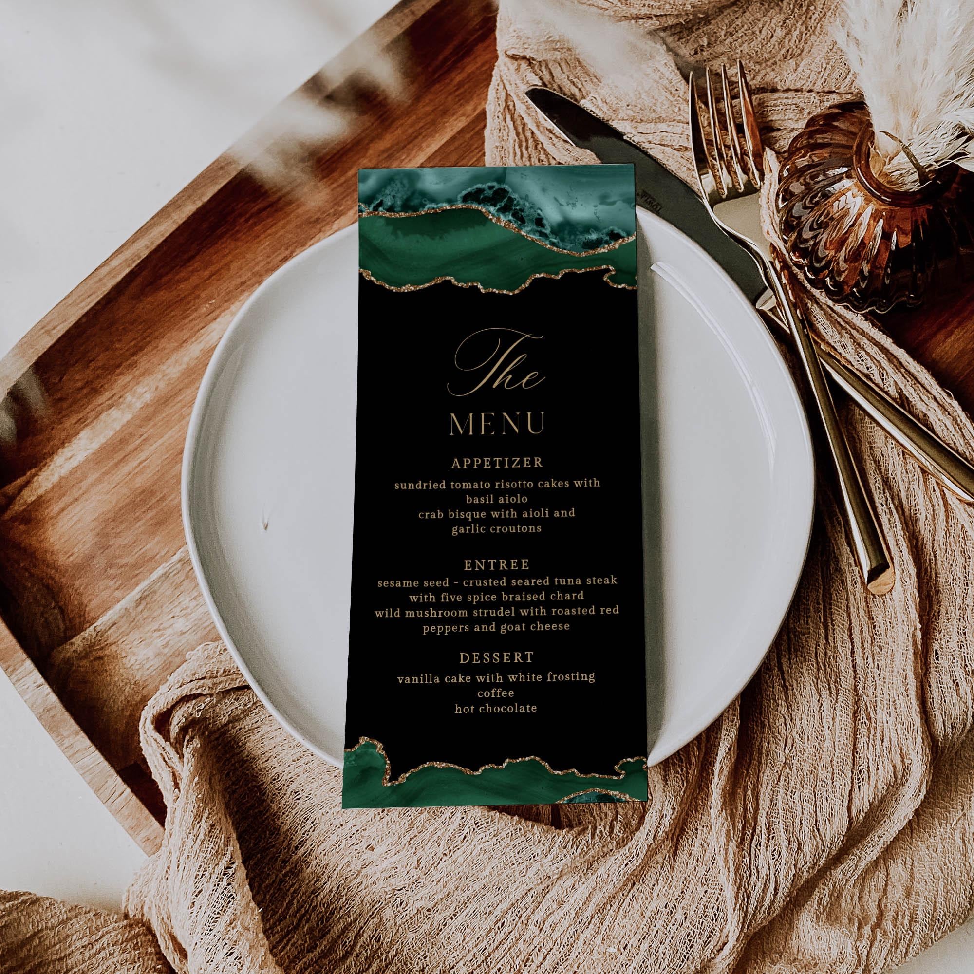Emerald Green and Gold Menu Card Template, Editable Template, Digital ...