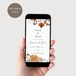 秋のSave the Date招待状、デジタルSave the Date、パンプキンSave the Date、モバイルSave the Date、電子Save the Date、編集可能なテキスト