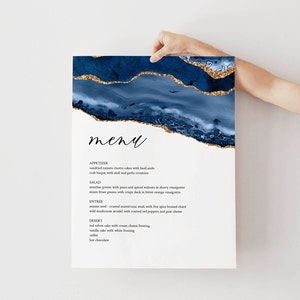 Hochzeitsmenüvorlage, druckbare Menükarte, bearbeitbare Menüvorlage, Hochzeitsmenüschild, blaue und goldene Menükarte, INSTANT DOWNLOAD