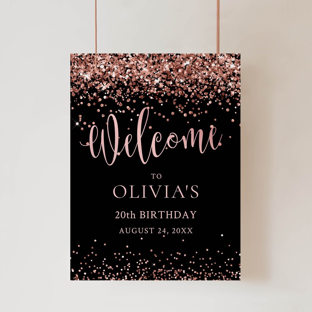 Letrero de bienvenida de cumpleaños en oro rosa y negro, tablero de ...