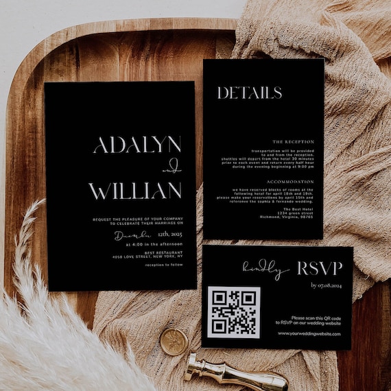 Modern Black Wedding Invitation Suite with QR Code (Digital Download)
