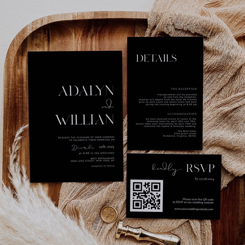 May include: Black and white wedding invitation with a modern design. The invitation features the names "Adalyn" and "Willian" in a bold, sans-serif font. The invitation includes details about the wedding ceremony and reception, including the date, time, and location. The invitation also includes a QR code for guests to RSVP.