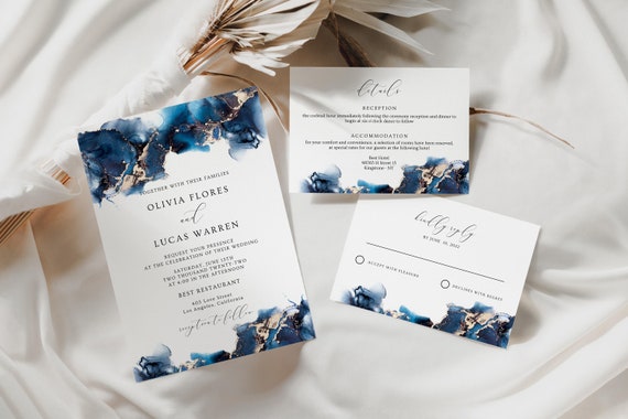 Blue and Silver Wedding Invitation Suite, Personalized Invite, RHEA