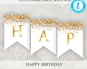 Gold Happy Birthday Banner: Bearbeitbare Partydekoration (Instant Download)