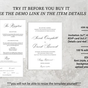 May include: A wedding invitation suite with a white background and black text. The invitation card features the names "Sarah Campbell" and "David Howard" with the date and time of the wedding. The RSVP card has a simple design with a checkbox for "accept" or "regret". The details card includes information about the reception and accommodation. The text "TRY IT BEFORE YOU BUY IT" and "SEE THE DEMO LINK IN THE ITEM DETAILS" is at the top of the image. The text "100% editable text" and "EDIT font (style, size, color), background color, upload your pictures" is at the bottom of the image. The text "Invitation 5x7", A5 (148x210mm), RSVP card 5x3.5", A6 148x105mm, Details card 4x6", A6 105x148mm" is in the middle of the image.