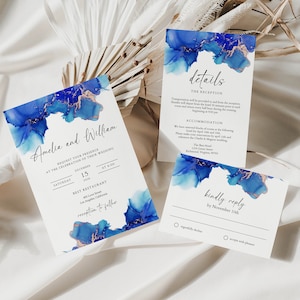 Wedding Invitation Royal Blue and Gold, Wedding Invitation Suite, Blue Wedding Invitation Set, Editable Wedding, Instant Download